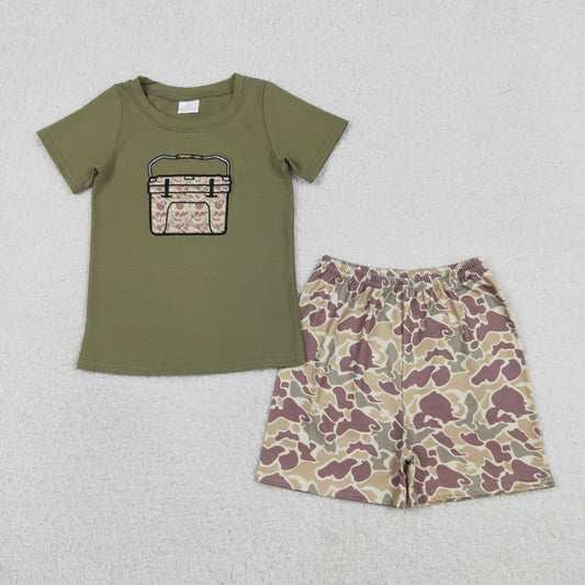 RTS NO MOQ（In Stock) BSSO1767 Embroidered green short-sleeved shorts set with camouflage toolbox design