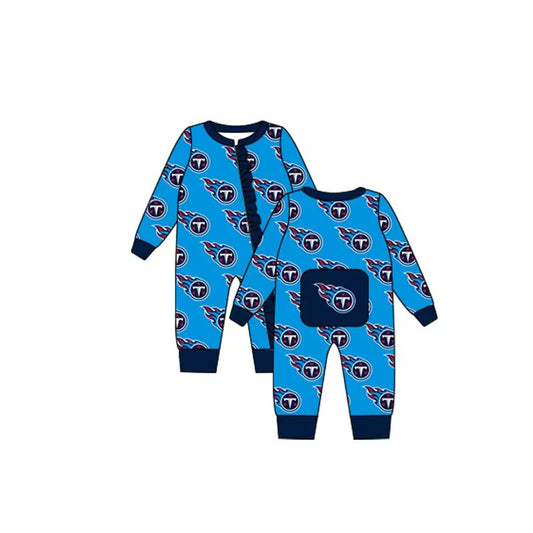 Custom moq 5 eta 6-8weeks baby girls clothes team blue long sleeve girls romper