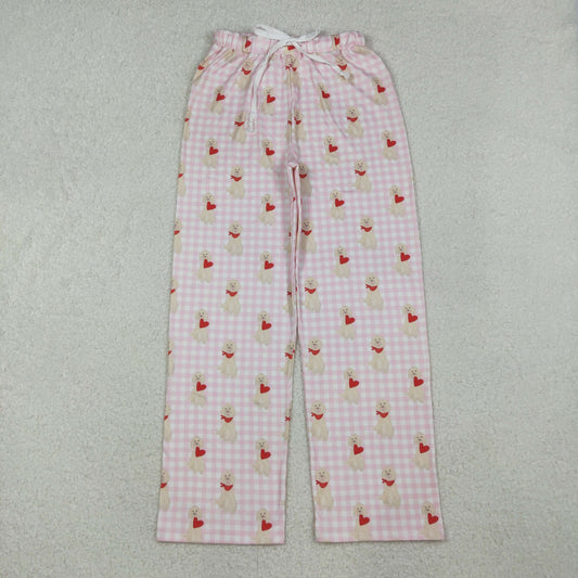 RTS NO MOQ（In Stock) P0849 Adult women's pink plaid lace-up trousers with heart puppy pattern