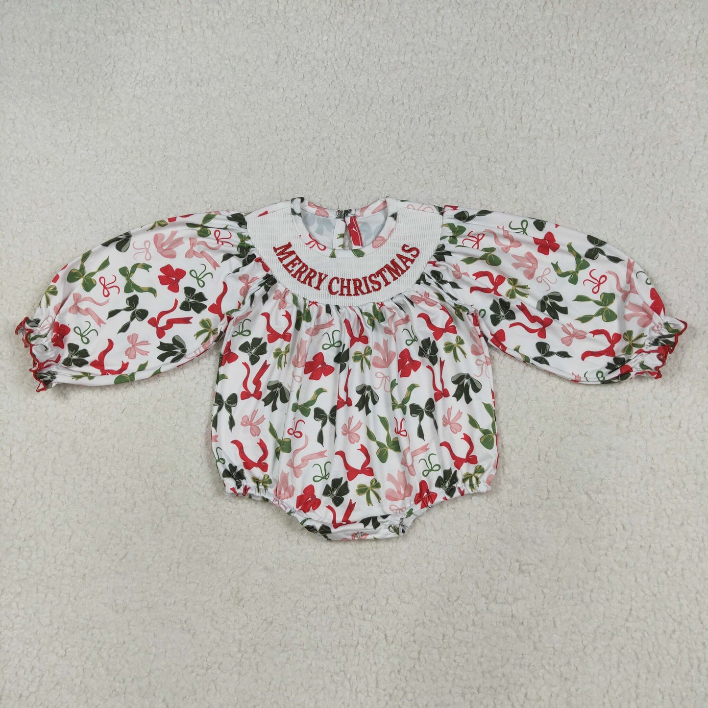 RTS NO MOQ（In Stock) LR2276 smocked merry christmas embroidered Christmas bow pattern white long sleeve jumpsuit