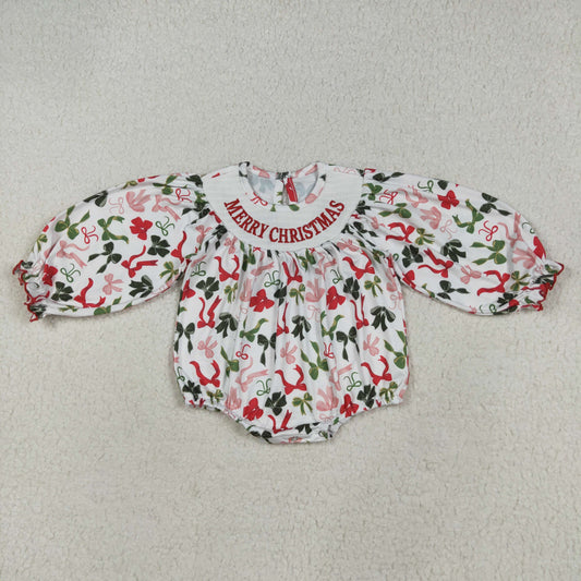 RTS NO MOQ（In Stock) LR2276 smocked merry christmas embroidered Christmas bow pattern white long sleeve jumpsuit
