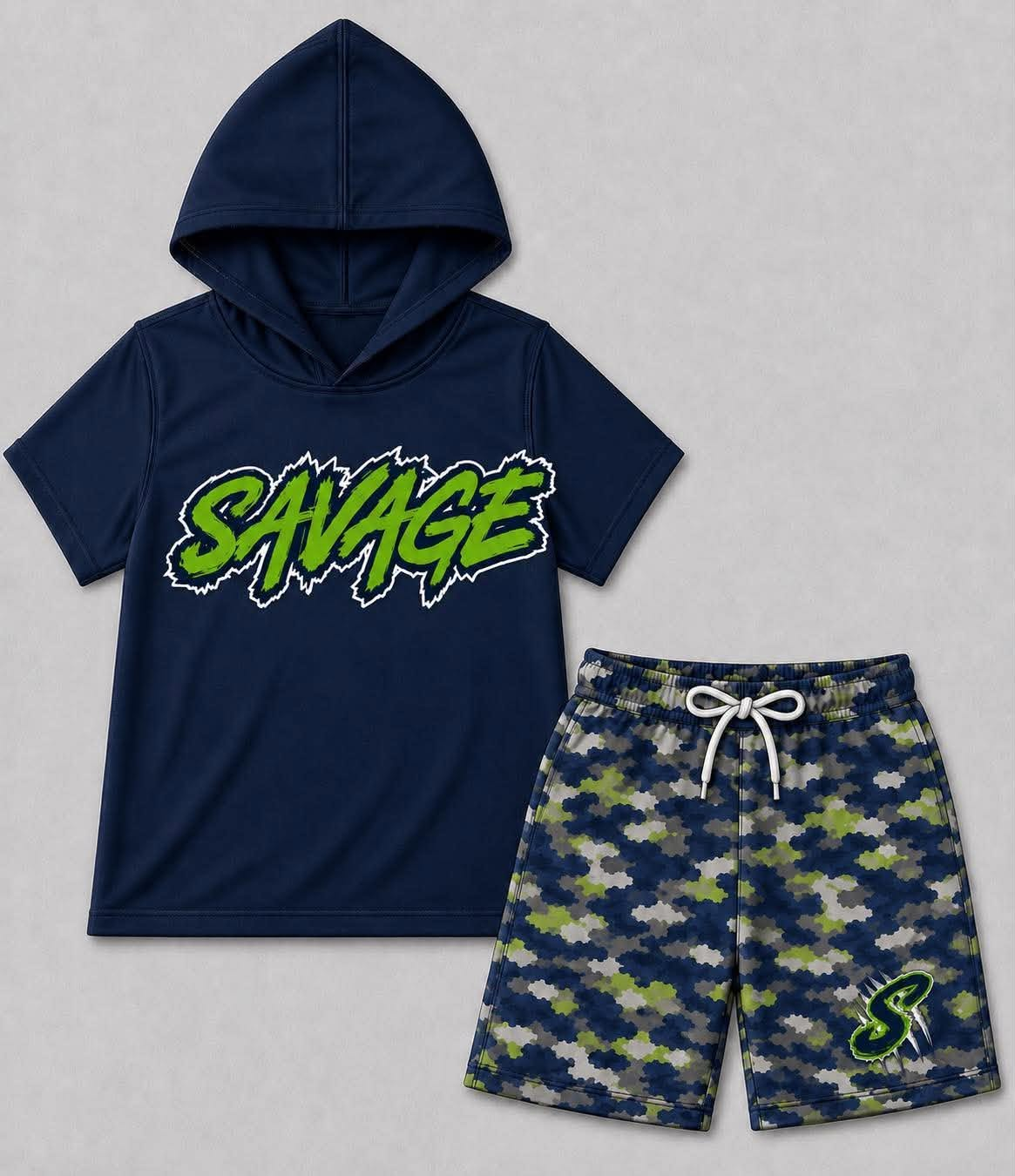 custom moq 5 mix size BAMA03 Baby Kids Short Sleeve Hooded Top Camouflage Shorts Two Piece Casual Outfit