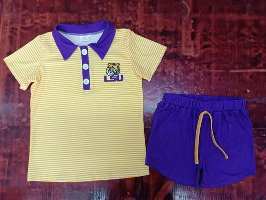 Custom moq 3 eta 6-7weeks baby boy clothes team yellow and purple short Sleeve shorts sets-25.5.10