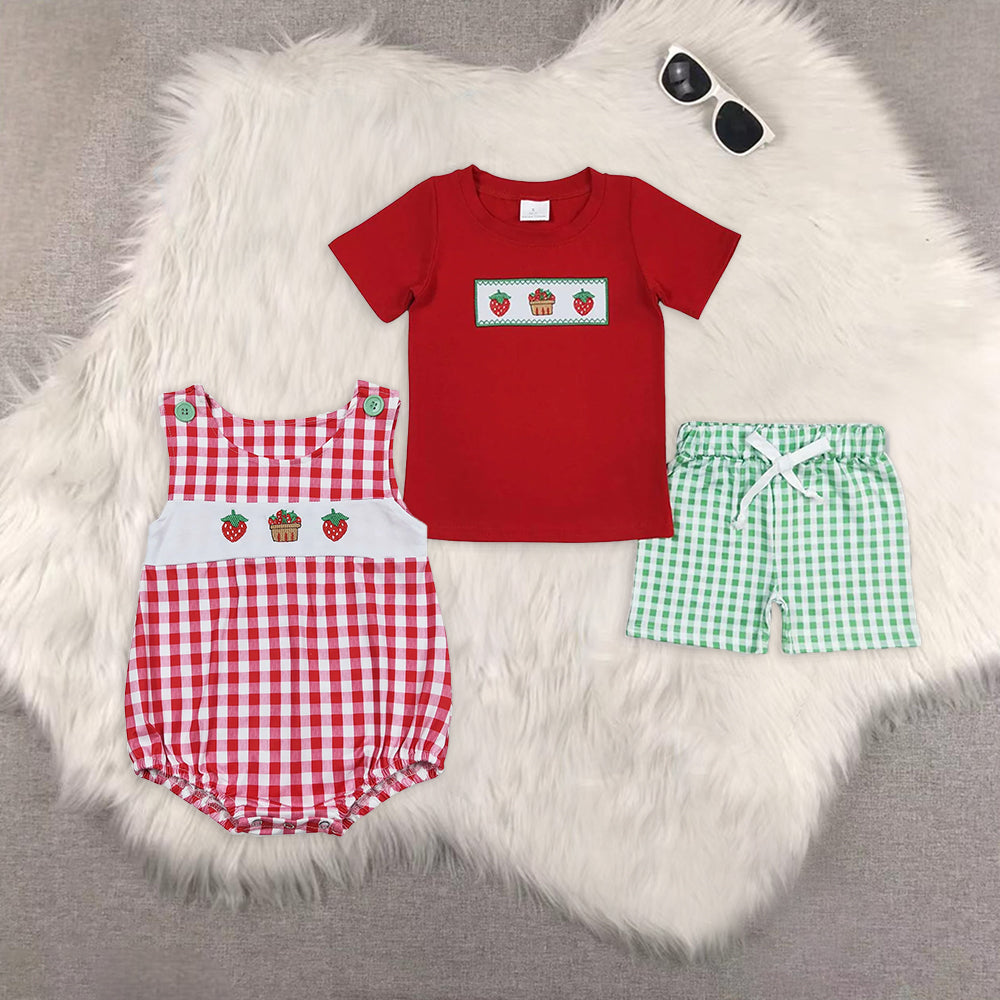 RTS NO MOQ baby boy clothes embroidery strawberry Rompers Clothes Sets