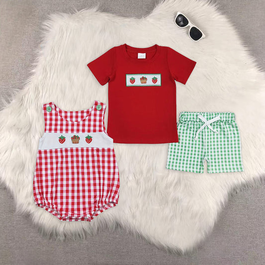 RTS NO MOQ baby boy clothes embroidery strawberry Rompers Clothes Sets