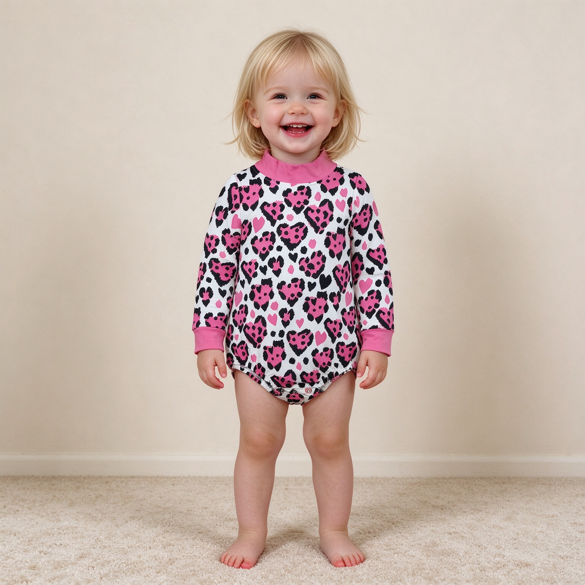NEW RTS NO MOQ milk silk LR3332 High Neck Baby Girls Long Sleeve Pink Black Leopard Hearts Mock Neck Valentine's Romper