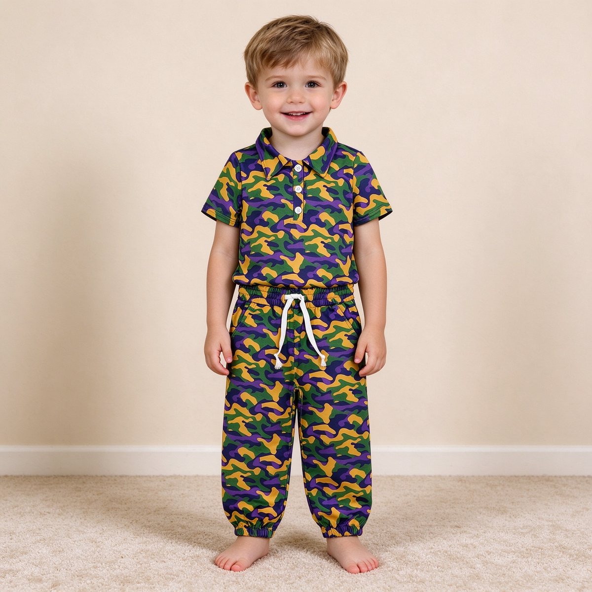 NEW RTS NO MOQ milk silk BSPO0721（BT1958+P1248）Baby Boys Camo Short Sleeve Button Polo Shirts Top Pockets Joggers Set