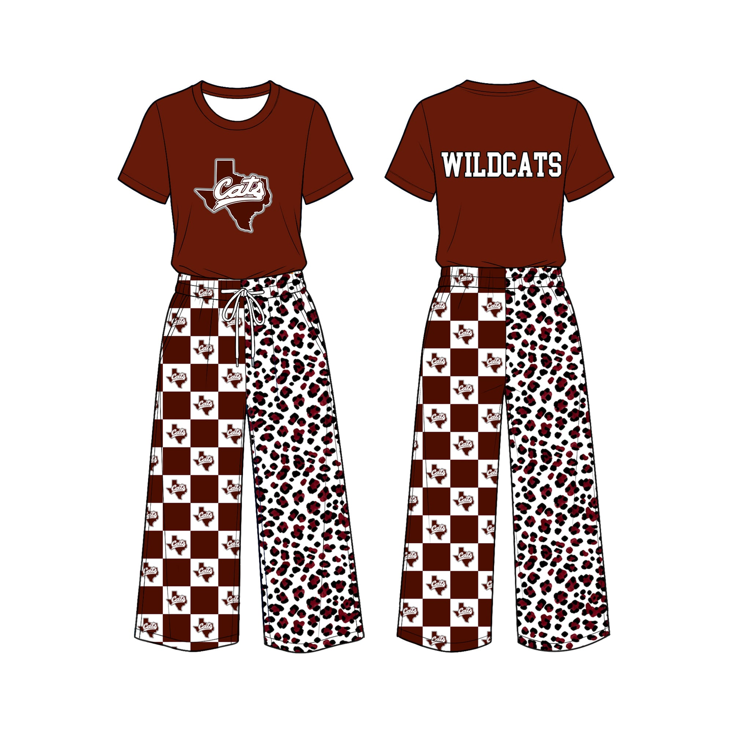 custom moq 5 mix size MEAO0104 Adult Team Maroon Short Sleeve Tee Checkerboard Leopard Print Wide Leg Pants Outfit