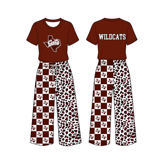 custom moq 5 mix size MEAO0104 Adult Team Maroon Short Sleeve Tee Checkerboard Leopard Print Wide Leg Pants Outfit