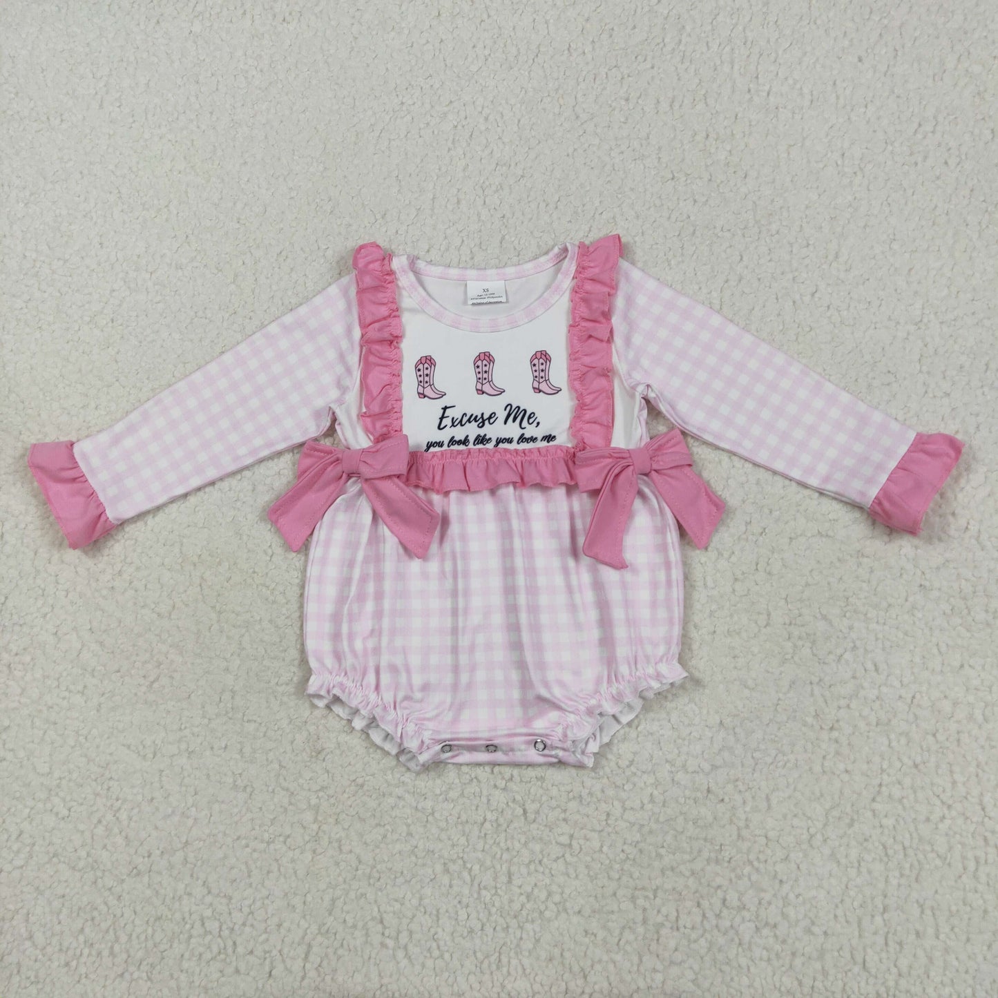 RTS NO MOQ LR2190 Excuse me letter boots lace bow pink plaid long-sleeved jumpsuit