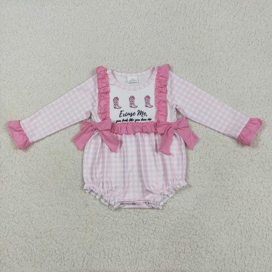 RTS NO MOQ LR2190 Excuse me letter boots lace bow pink plaid long-sleeved jumpsuit
