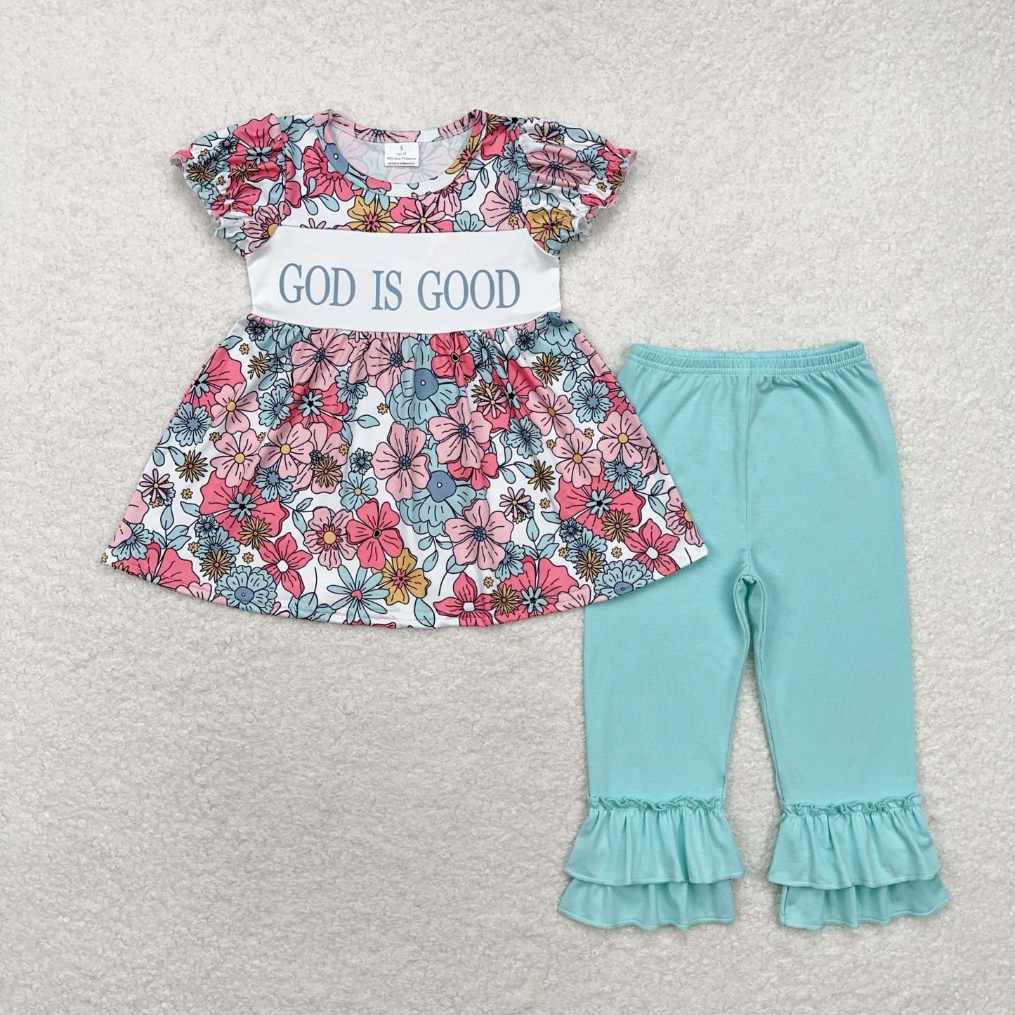 RTS NO MOQ（In Stock) god is good flower beige short-sleeved blue-green trousers suit