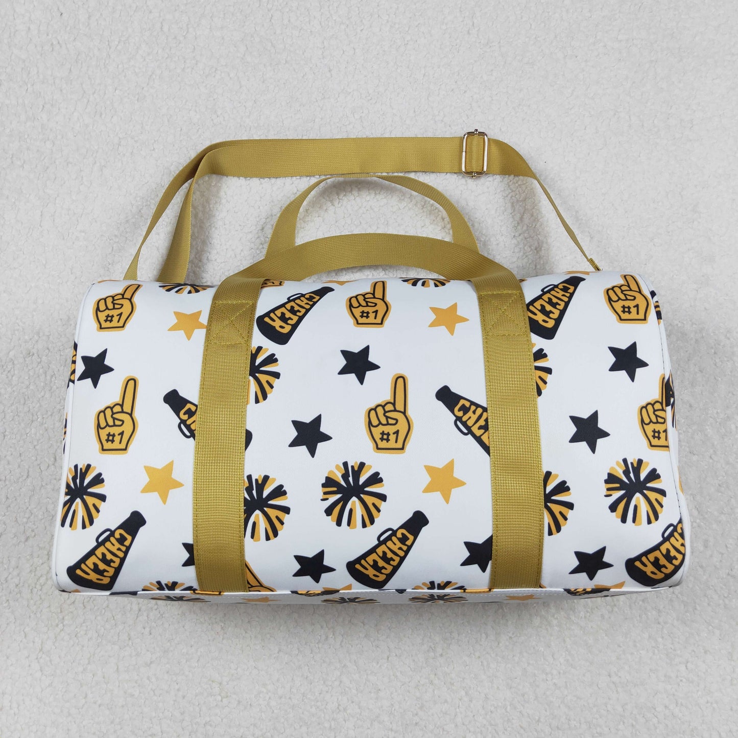RTS NO MOQ（In Stock) BA0370 Cheer black and gold fireworks star gym bag with white