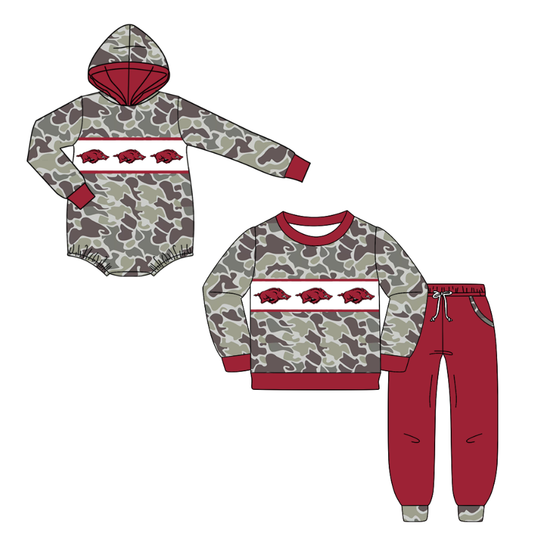 Custom moq 5 mix size milk silk summer teams baby boys clothes camouflage dark red hooded long sleeve pants sets and romper-25.10.20