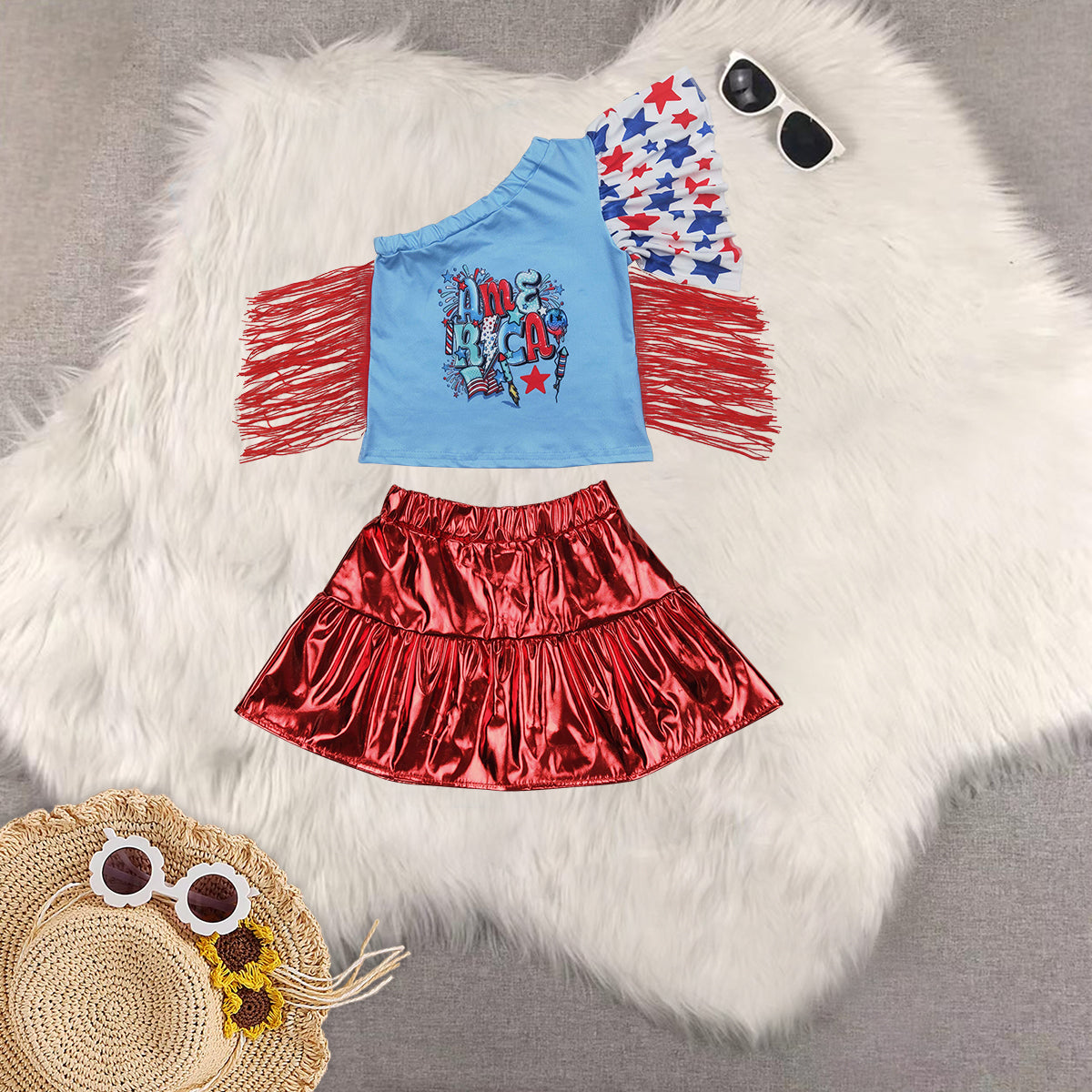 RTS baby girls clothes 4th of july short Sleeve skirts dress sets