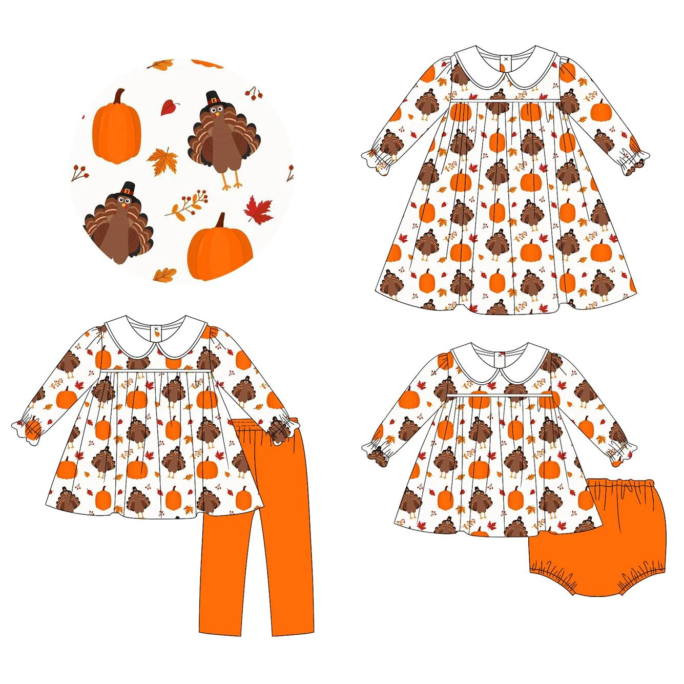 Custom moq 5 each style eta 6-7weeks baby girl clothes turkey pumpkin orange long sleeve pants sets and briefs sets and dress-25.8.2