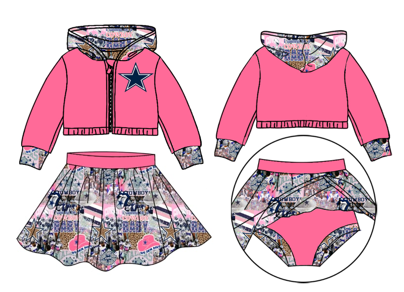 Deadline October 21 custom no moq eta 6-8weeks  Five-pointed star pattern pastel pink zip-up hooded jacket-pleated skirt suit