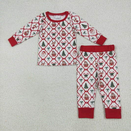 rts no moq GLP2391 Christmas bear house bow pattern long sleeve long pants pajama set