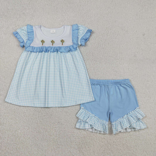 RTS NO MOQ（In Stock) Embroidered Easter Cross Flower Blue Lace Check Short-Sleeve and Shorts Set