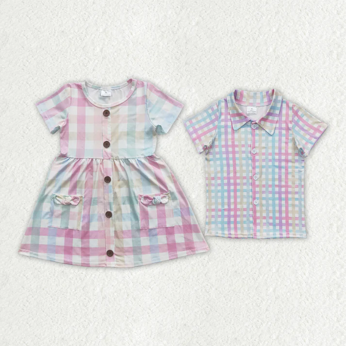 RTS NO MOQ plaid short-sleeved top and short-sleeved dress