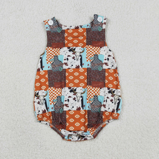 RTS NO MOQ（In Stock ) SR3773 Geometric Mountain Bull Head Check Vest Onesie