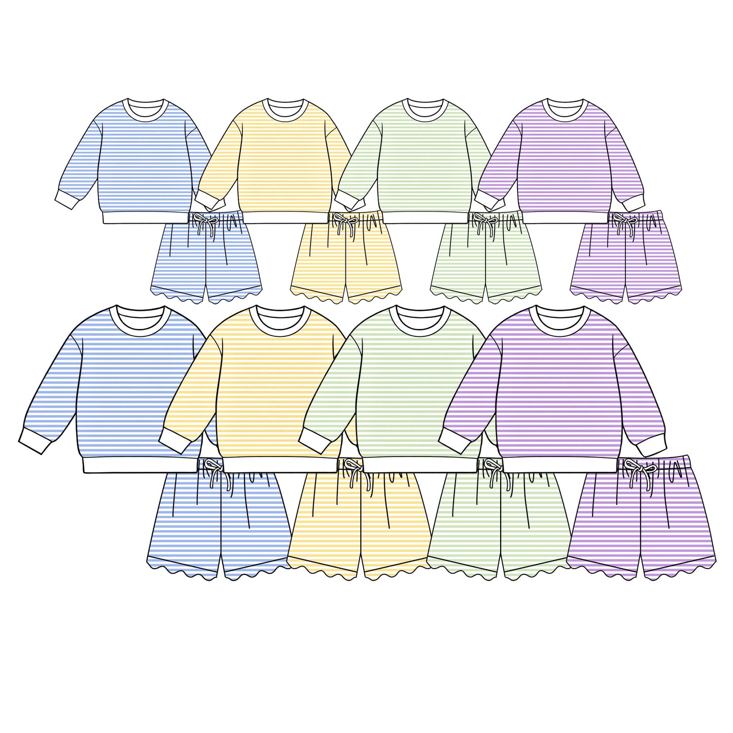 (Preorder new) No moq Kids And Adult Striped Long Sleeve Shirt Top And Scallop Short Yoga Active Set