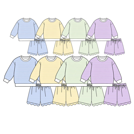 (Preorder new) No moq Kids And Adult Striped Long Sleeve Shirt Top And Scallop Short Yoga Active Set
