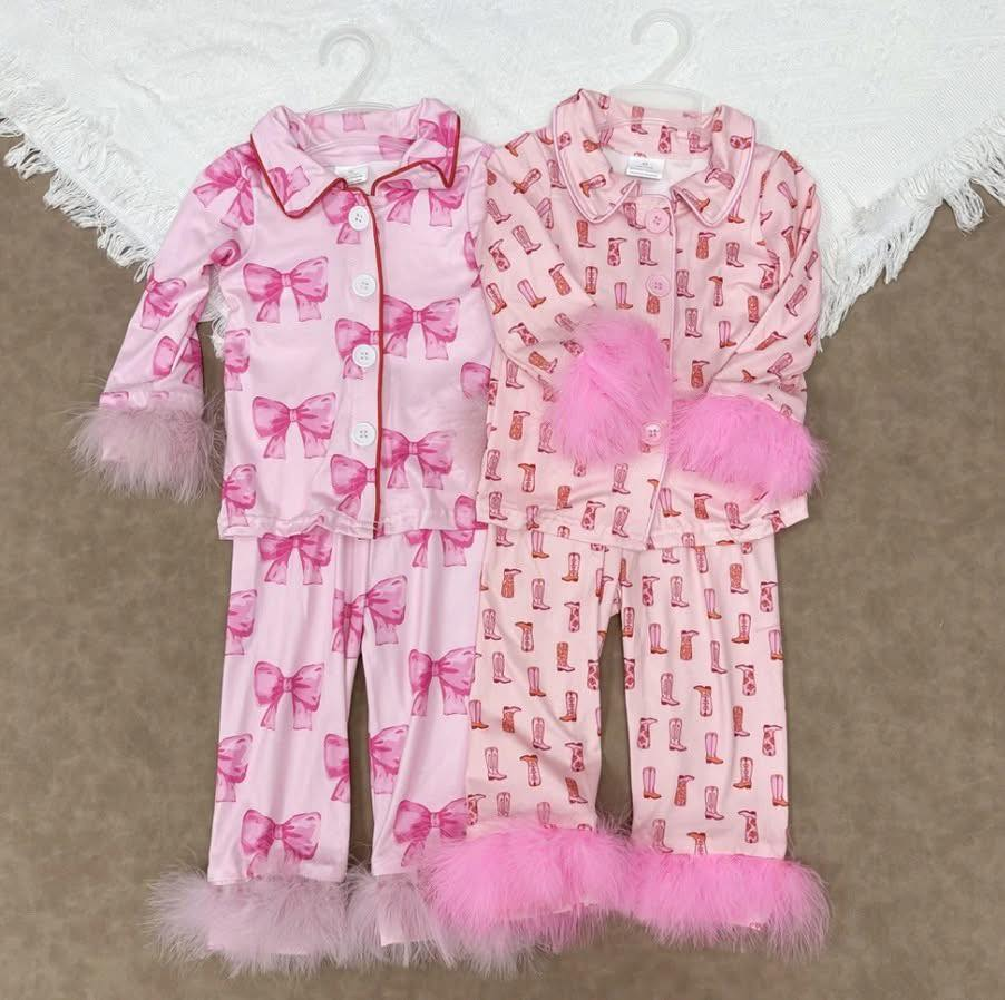 RTS NO MOQ Sibling Baby Girls bow Pink Plush Button Long Sleeve Long Pants Pajama Sets