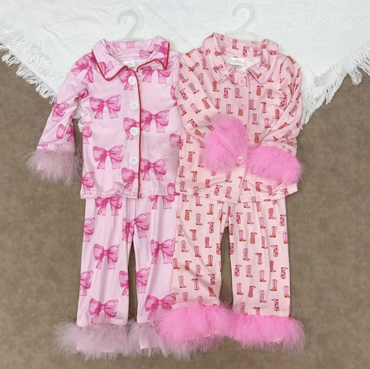 RTS NO MOQ Sibling Baby Girls bow Pink Plush Button Long Sleeve Long Pants Pajama Sets