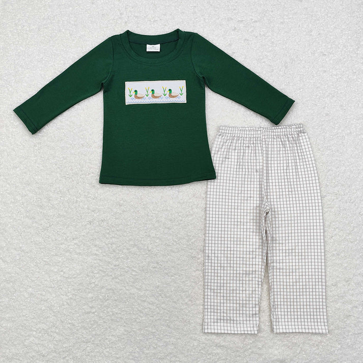 RTS Sibling baby boy clothes embroidery puppy duck long Sleeve pants sets