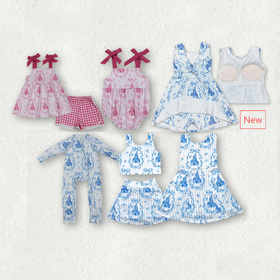RTS NO MOQ Sibling Baby girls clothes casle pink suspender shorts suit & rompers amd yoga dress