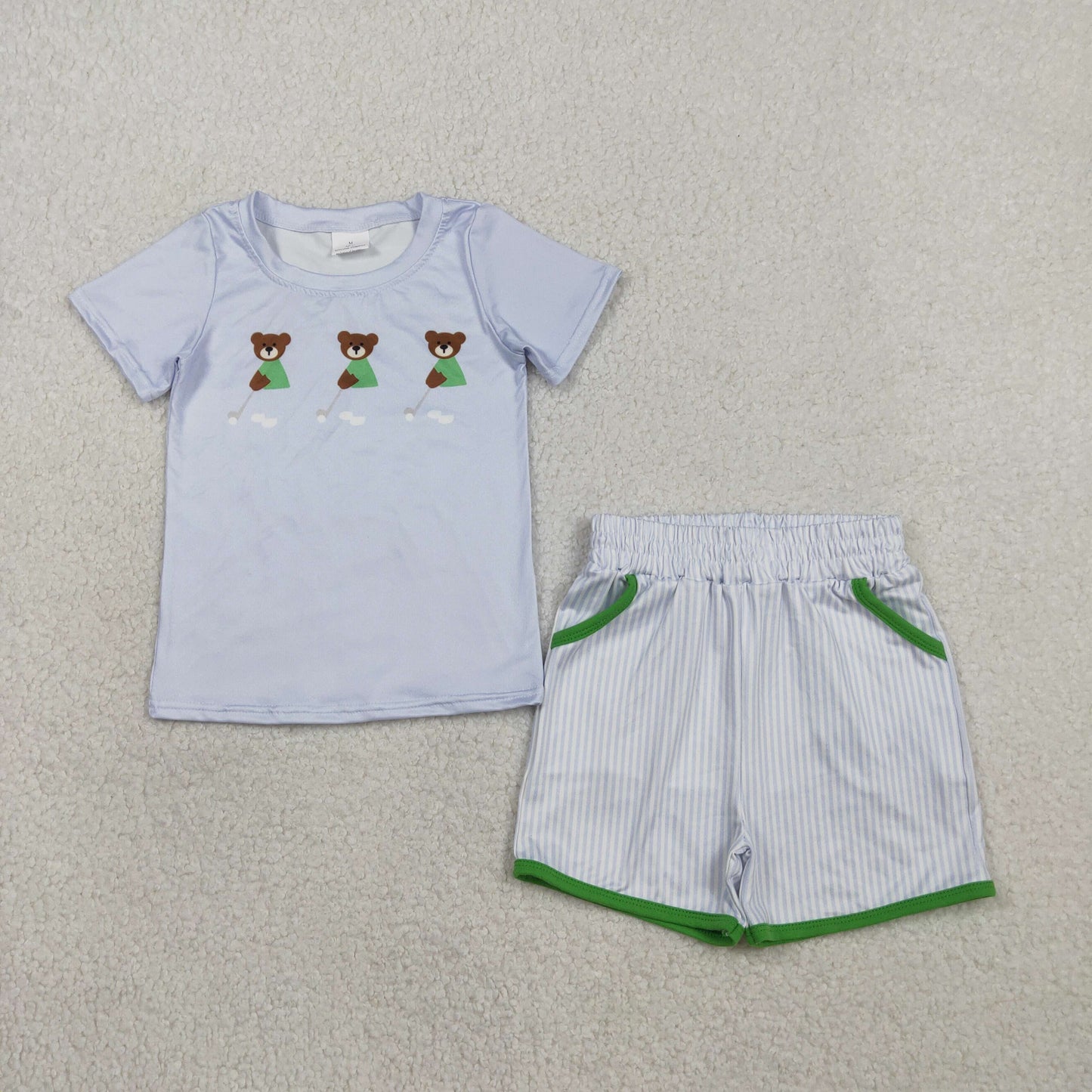 RTS NO MOQ（In Stock) BSSO1757 Blue Short-Sleeve Striped Shorts Set with Golf Ball Bear