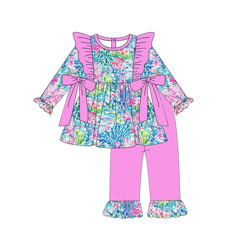 Deadline October 3 custom no moq eta 6-8weeks Rose pink bow flying sleeves-blue green water grass long sleeve suit