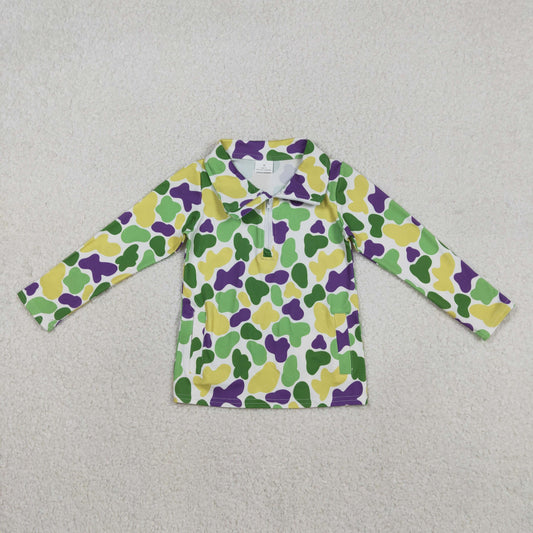 RTS NO MOQ（In Stock) Mardi Gras Green Yellow Purple Camouflage Zipper Long-Sleeved Top