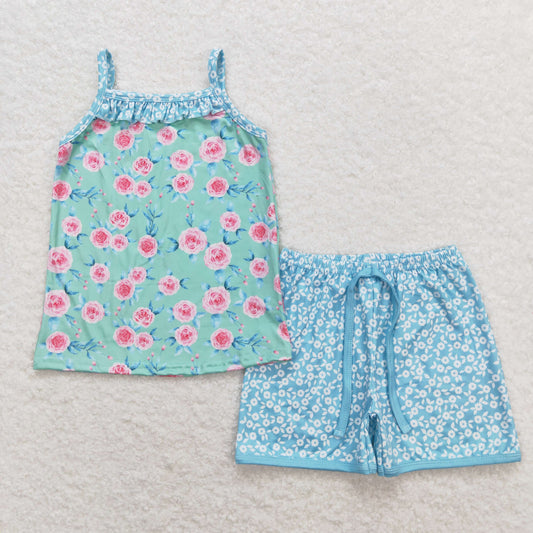 GSSO0863 Pink floral green sleeveless floral blue shorts suit