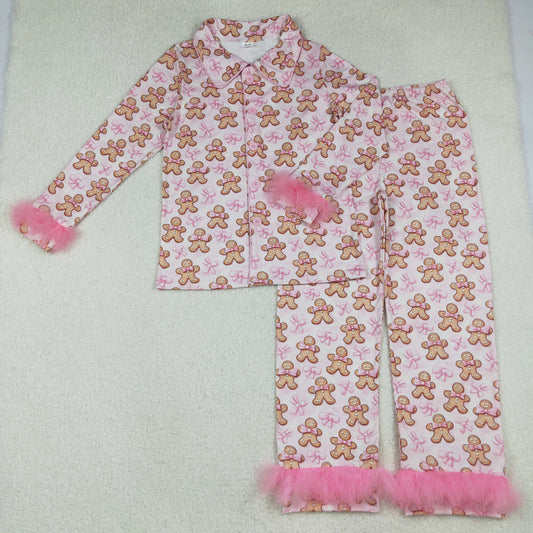 RTS NO MOQ（In Stock) GLP2716 Adult Female Gingerbread Man Pink Bow Pattern Plush Trim