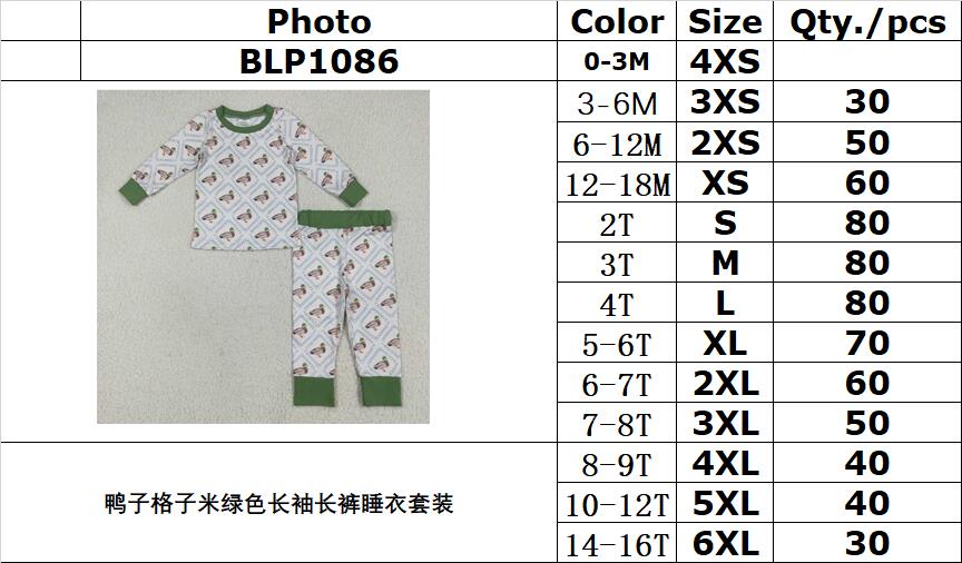RTS NO MOQ（In Stock) BLP1086 Duck plaid beige green long-sleeved trousers pajama set