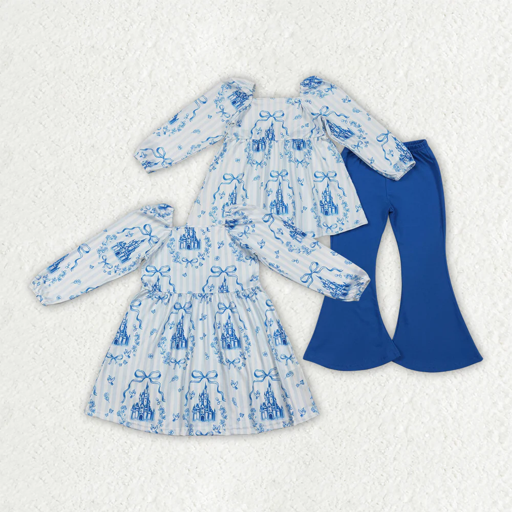 RTS NO MOQ sibling baby girls clothes blue long sleeve Clothes pants Sets and dress