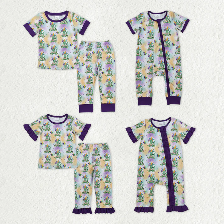 RTS NO MOQ Sibling Baby girls clothes mardi gras short-sleeved trousers suit & rompers