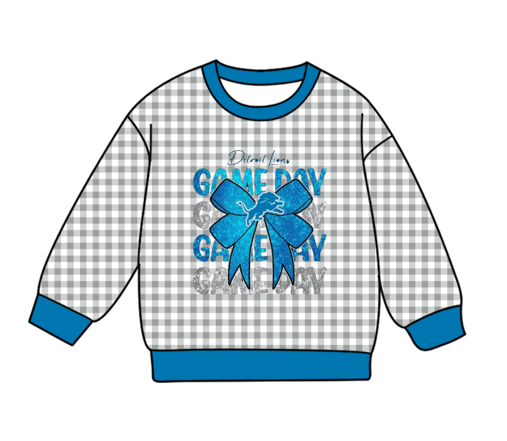 Custom moq 8 mix size milk silk summer team baby boys clothes GAME DAY bow plaid blue long sleeve top-25.9.23