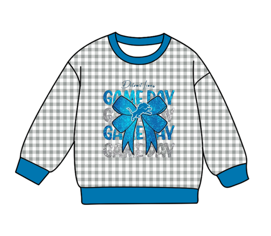 Custom moq 8 mix size milk silk summer team baby boys clothes GAME DAY bow plaid blue long sleeve top-25.9.23