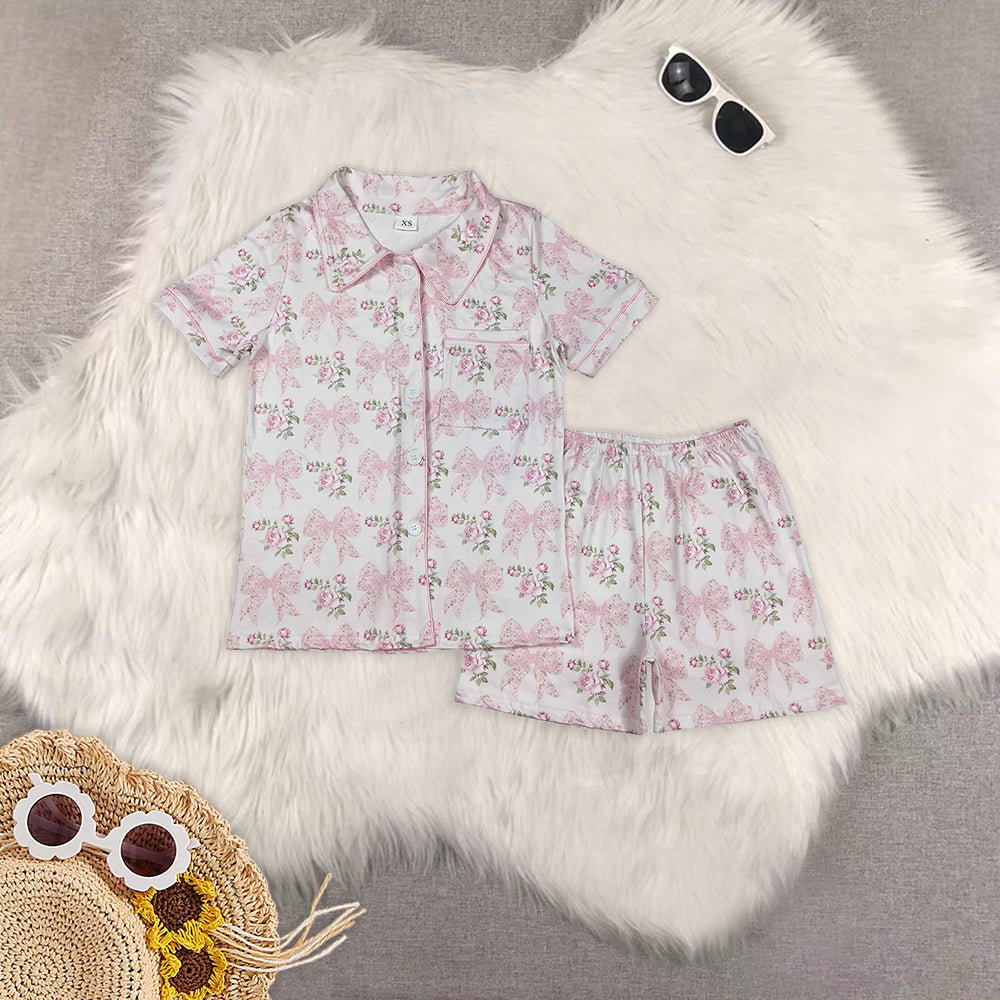 RTS NO MOQ Adult Girls bow floral Short Sleeve Shorts Pajama Set & kids shorts sets