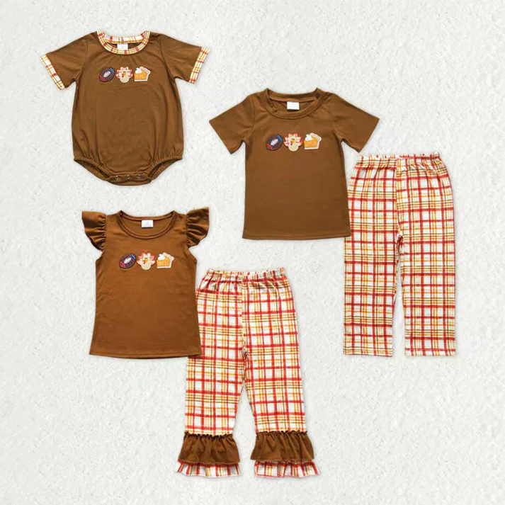 RTS NO MOQ Sibling Baby girl boy clothes embroidery turkey short-sleeved trousers suit & rompers