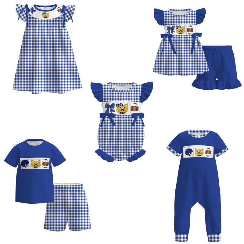 Custom summer teams baby girls clothes team blue short sleeve shorts sets dress romper-25.7.15