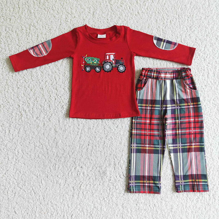 RTS NO MOQ  Red long-sleeved suit with embroidered truck carrying a Christmas tree