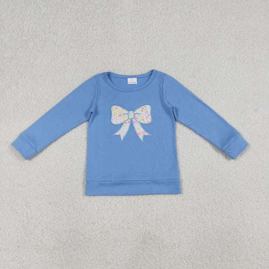 RTS NO MOQ（In Stock) GT1538 Embroidered floral print and bow pattern blue long-sleeved top