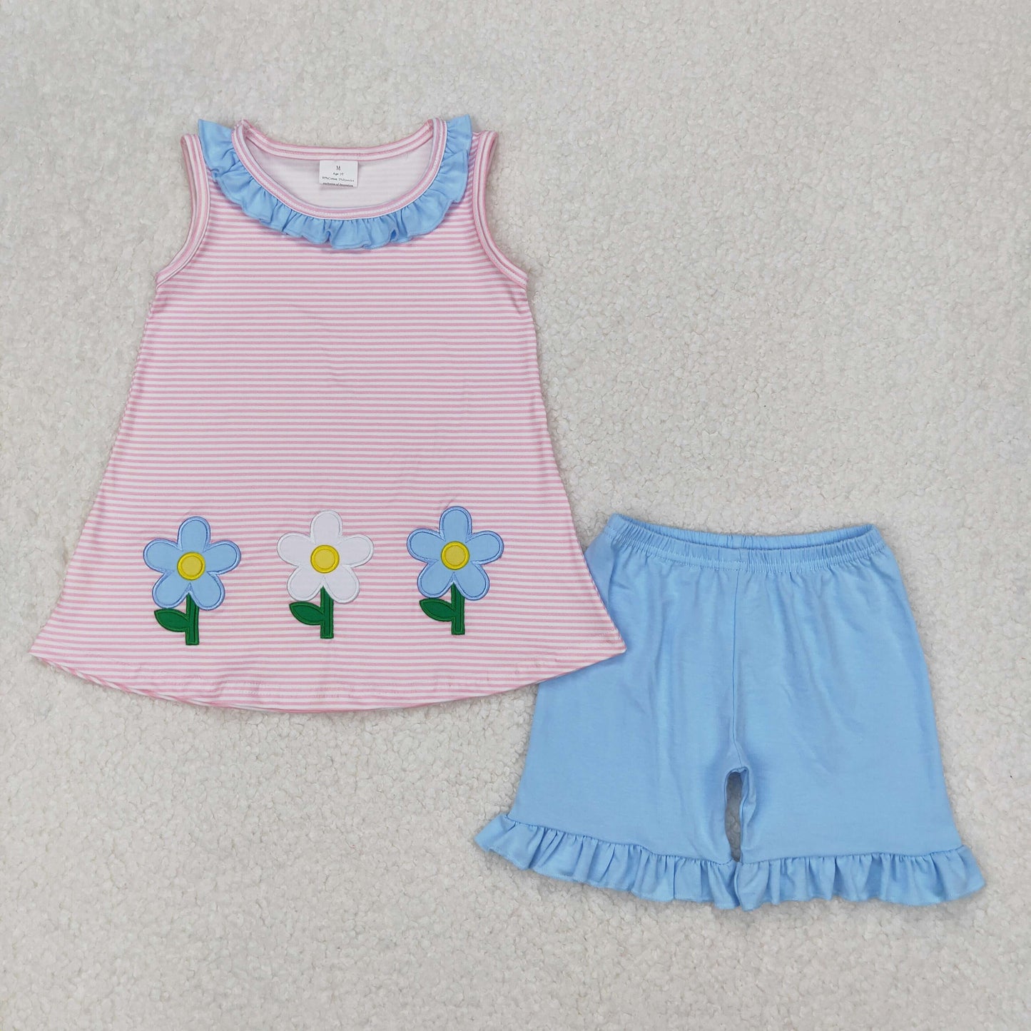 RTS NO MOQ ETA 5/7days Arrived GSSO1895 Embroidered flower blue lace pink striped sleeveless shorts set