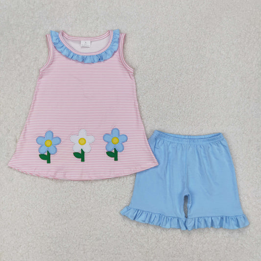 RTS NO MOQ ETA 5/7days Arrived GSSO1895 Embroidered flower blue lace pink striped sleeveless shorts set
