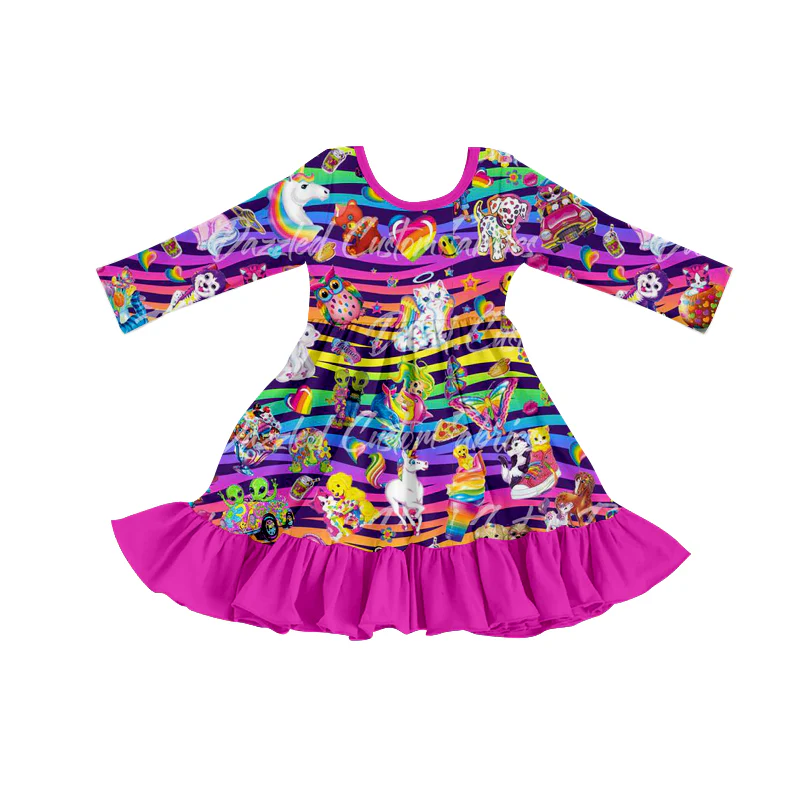 Deadline November 9 custom no moq eta 6-8weeks Carnival Animal Pattern Colorful Stripes Purple Skirt Long Sleeve Dress