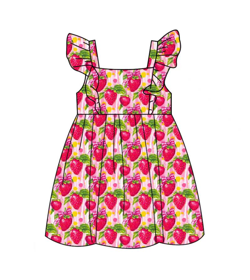 Custom moq 5 mix size milk silk baby girl clothes strawberry flying sleeve shorts sets and dresses 2